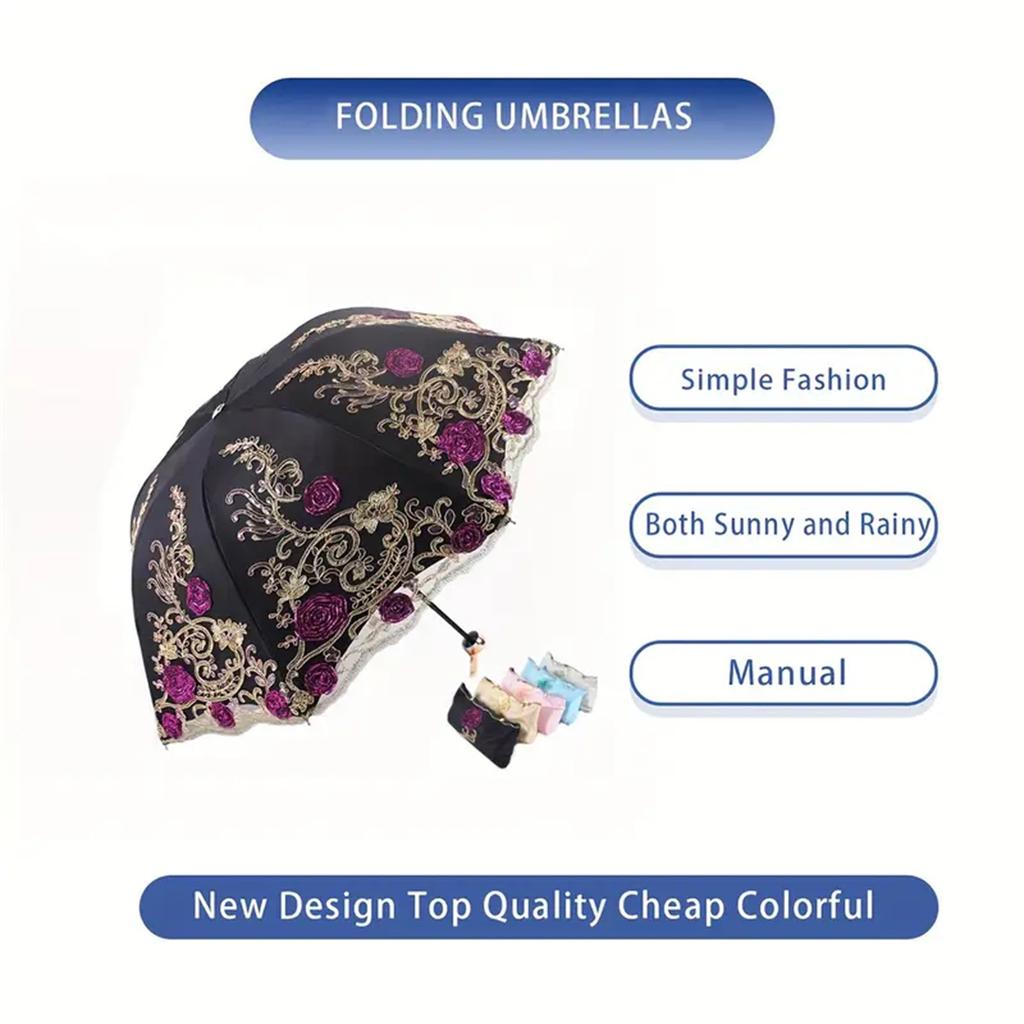 Premium 1pcs Lace Embroidery Parasol Anti-UV Folding Umbrella UPF50+ Vintage Flower Embroidery Umbrella Princess Umbrella Gift Umbrella