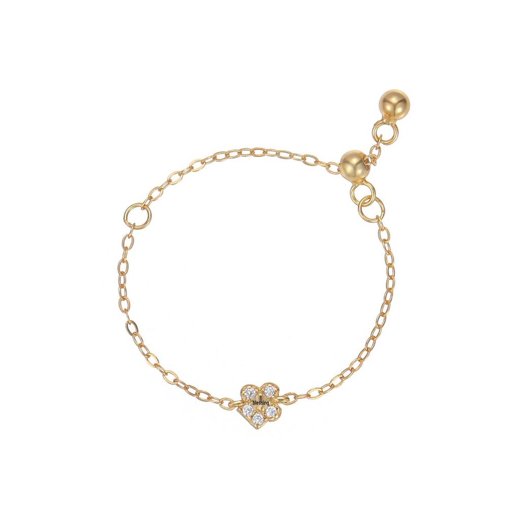 Eleganter verstellbarer Fünf-Blatt-Blumen Zirkon-Kettenring, S925 Sterlingsilber mit 18K Golddesign.