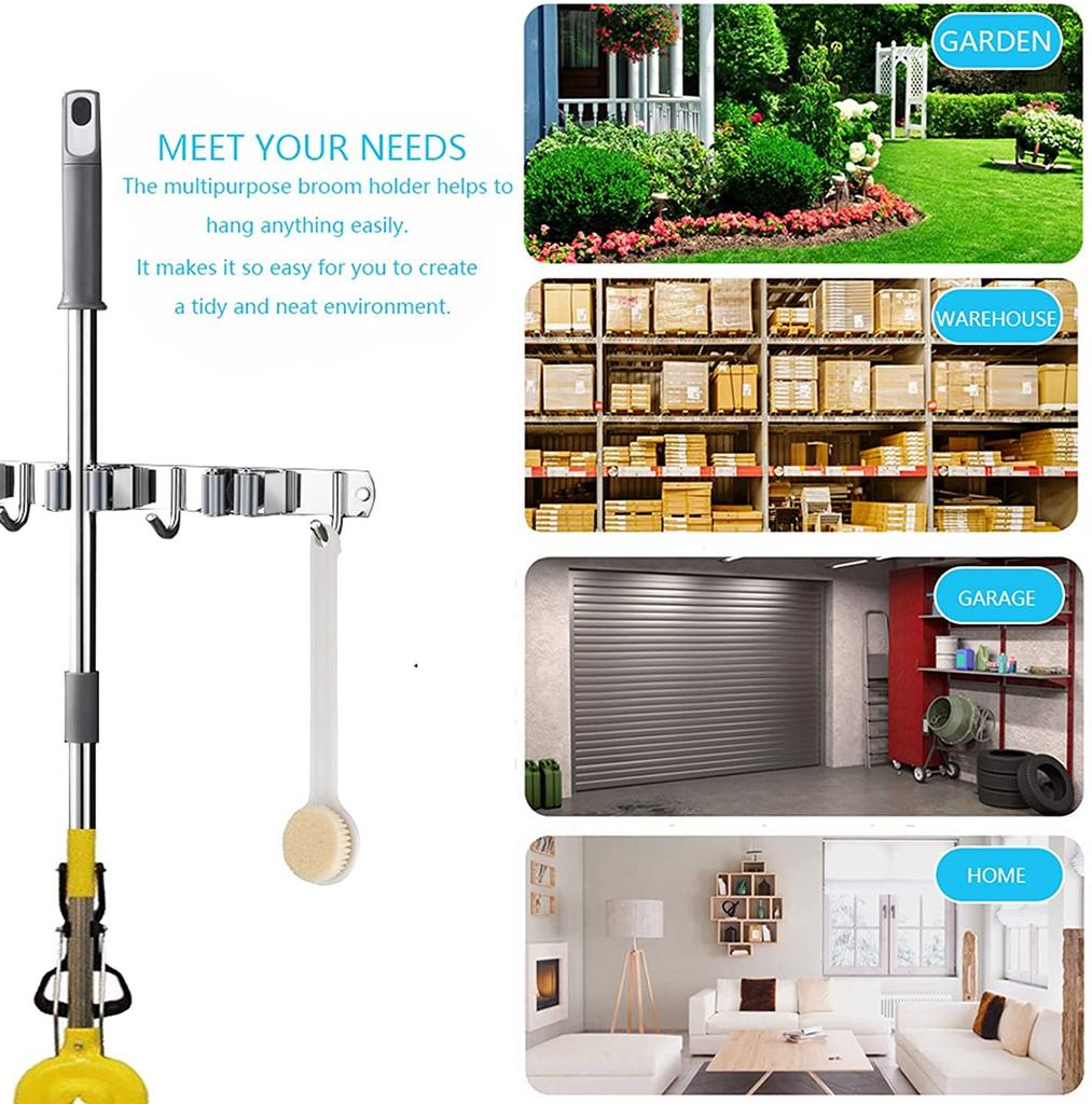 Wall Mounted Mop Rack (2 Racks And 3 Hooks) Stainless Steel Mop Rack Receive 2ML