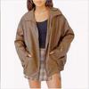 Women's Autumn Long-Sleeve Causal Biker Jacket Solid Color PU Square Neck Coat