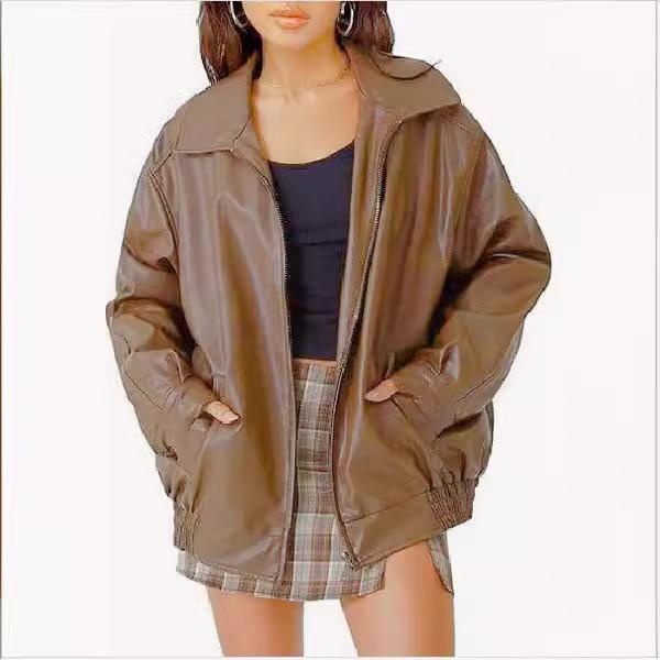 Damen Schwarze Oversized Kunstlederjacke L kamelfarben