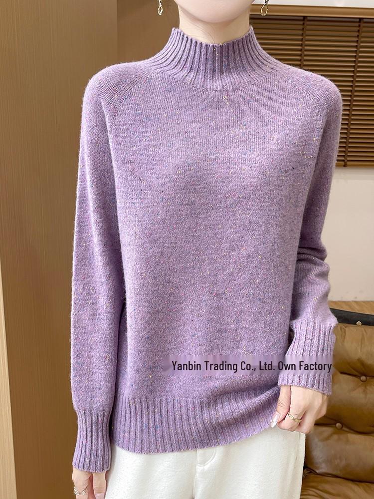 Women's Polka Dot Wool Sweater - Thick, Loose-Fit, Half-High Collar for Autumn and Winter Elegance