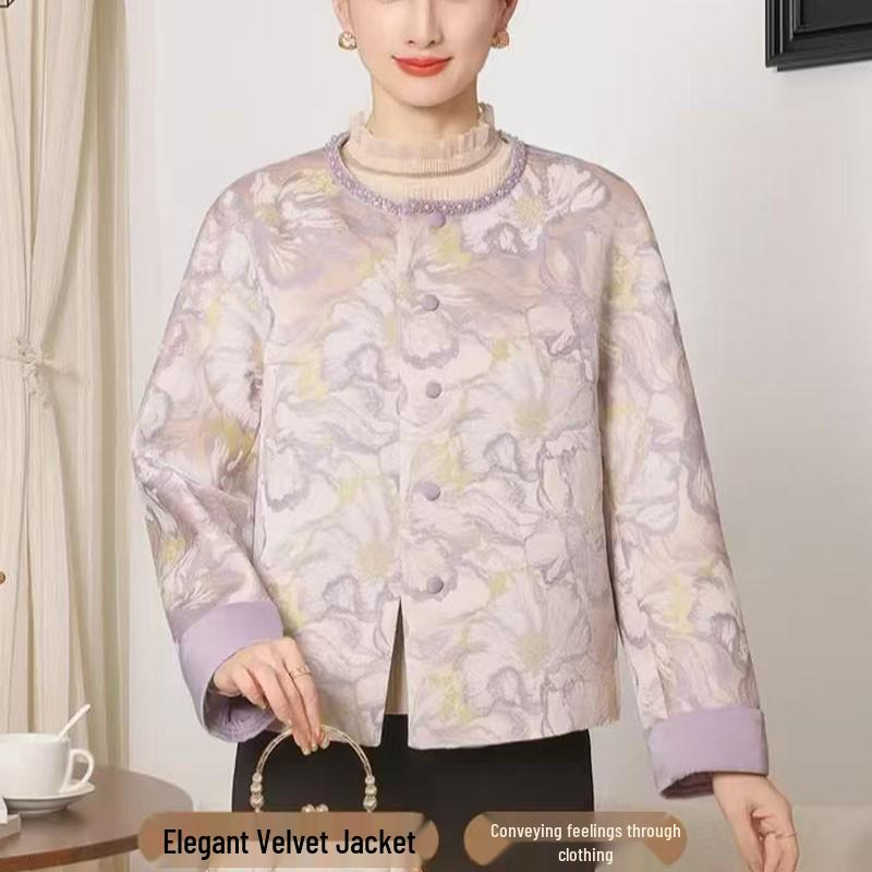 

Elegant Chinese Style Cardigan: Spring & Autumn Short Jacket for Middle-Aged & Elderly Women 2026 2XL (105-120 jin) світло-фіолетового кольору