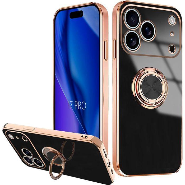 Coque de protection - BOOLING - iPhone 17 Pro - Silicone antichoc - Anneau rotatif - Noir