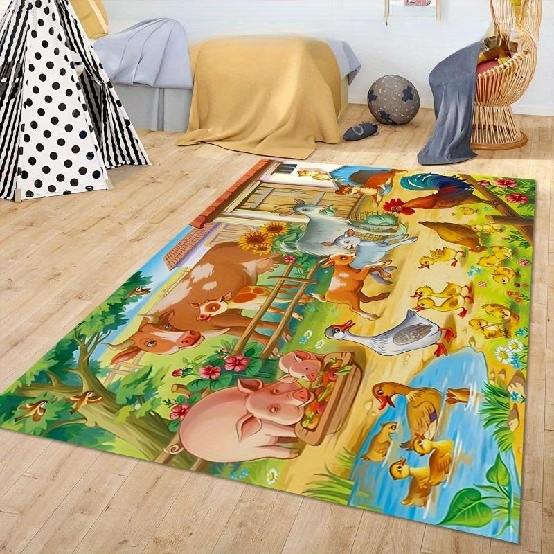 Cartoon Farm Animal Carpet Mat - Children's Room Game Room Bedroom Carpet Decoration Colorful Chicken Pig Cow Pattern Carpet