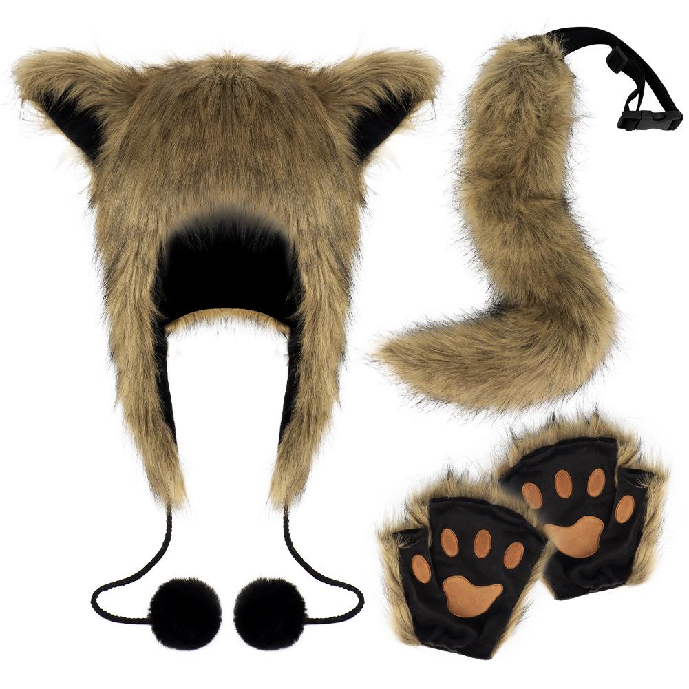 Chapeau Boule de Poils Queue de Renard Gants Doigts Peluche Accessoire Queue de Bête Ensemble Cosplay Lolita beige