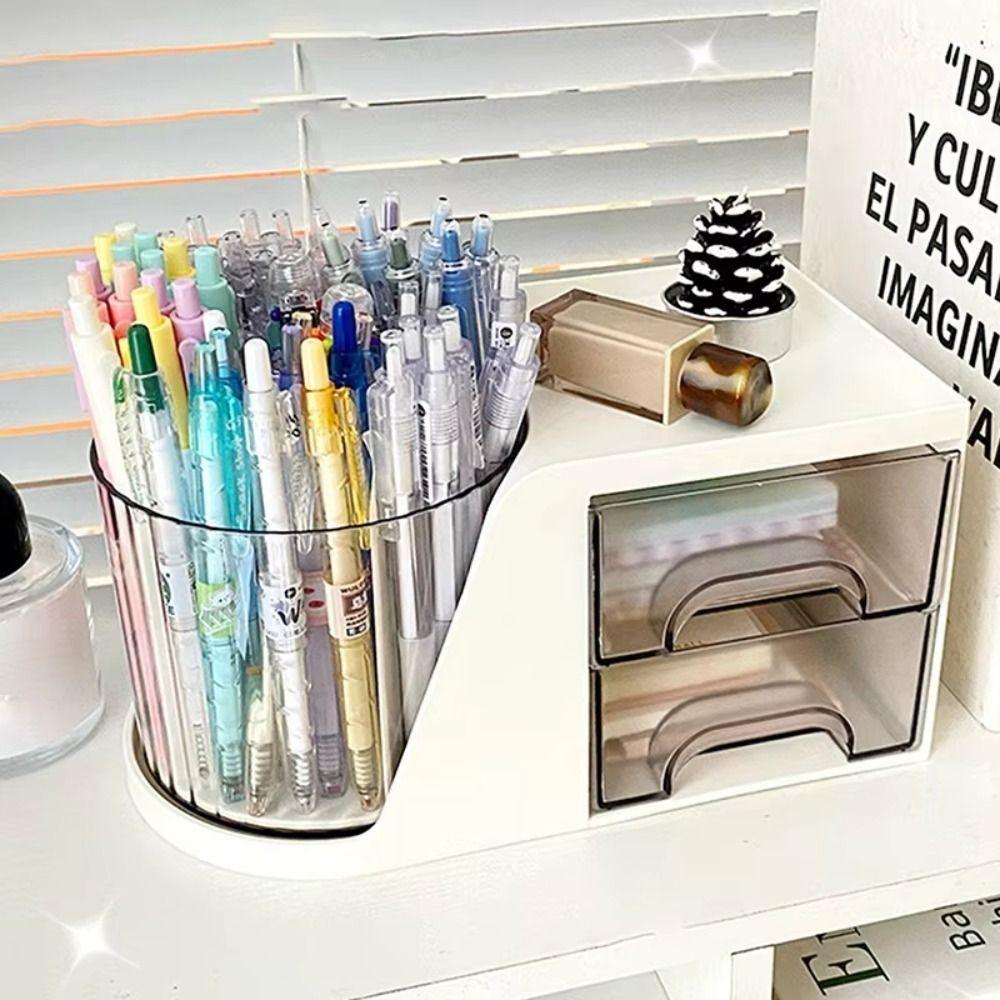 360 Degree Rotating Desk Organizer 6 Slots 4 Compartments Pencil Pen Holder Multi-Functional with 2 Drawer Makeup Organizer