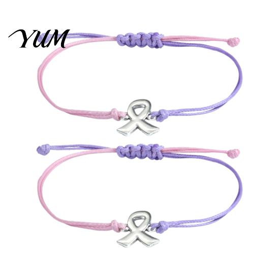Breast Cancer Awareness Jewelry 2 Pcs Bracelets, Adjustable Braided String Unisex Cord Bracelet Bracelets with Ribbon Charm, Inspirational Gifts