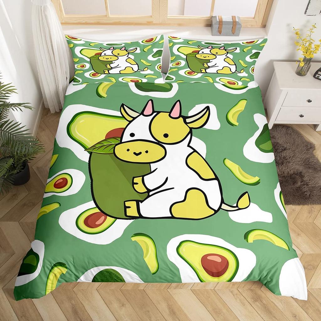 Fruit Soft Duvet Cover Set, Lovely Carton Avocado Decor 3 Piece Beding Set featuring 2 Pilow Shams, Quen King Ful Sized Dimensions, Paprika Gren