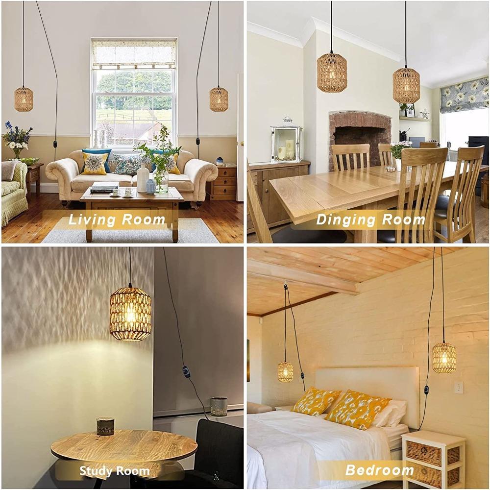EU Plug Bamboo Chandelier Hanging Lamp Wabi-sabi Zen Style Handmade Rattan Fixture Home Living Room Decor Ceiling Pendant Light