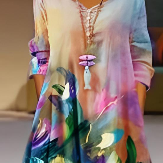 Spring Fall Dress with Pockets Vintage Flower Printing V Neck Irregular Layerd Hem Loose A-line Maxi Dress for Daily Work Party