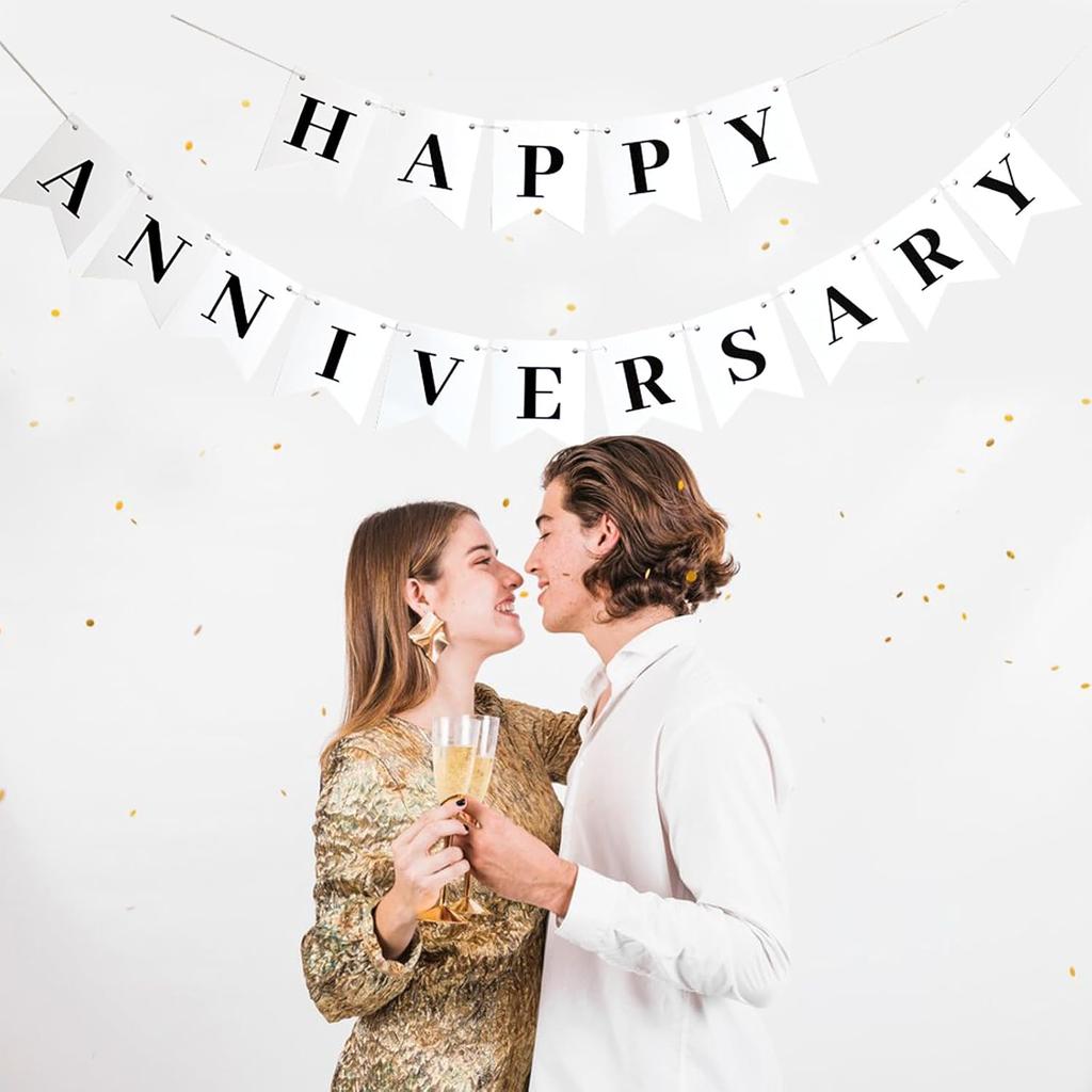White Happy Anniversary Banner, Perfect for Anniversaries, Birthdays, and Baby Showers