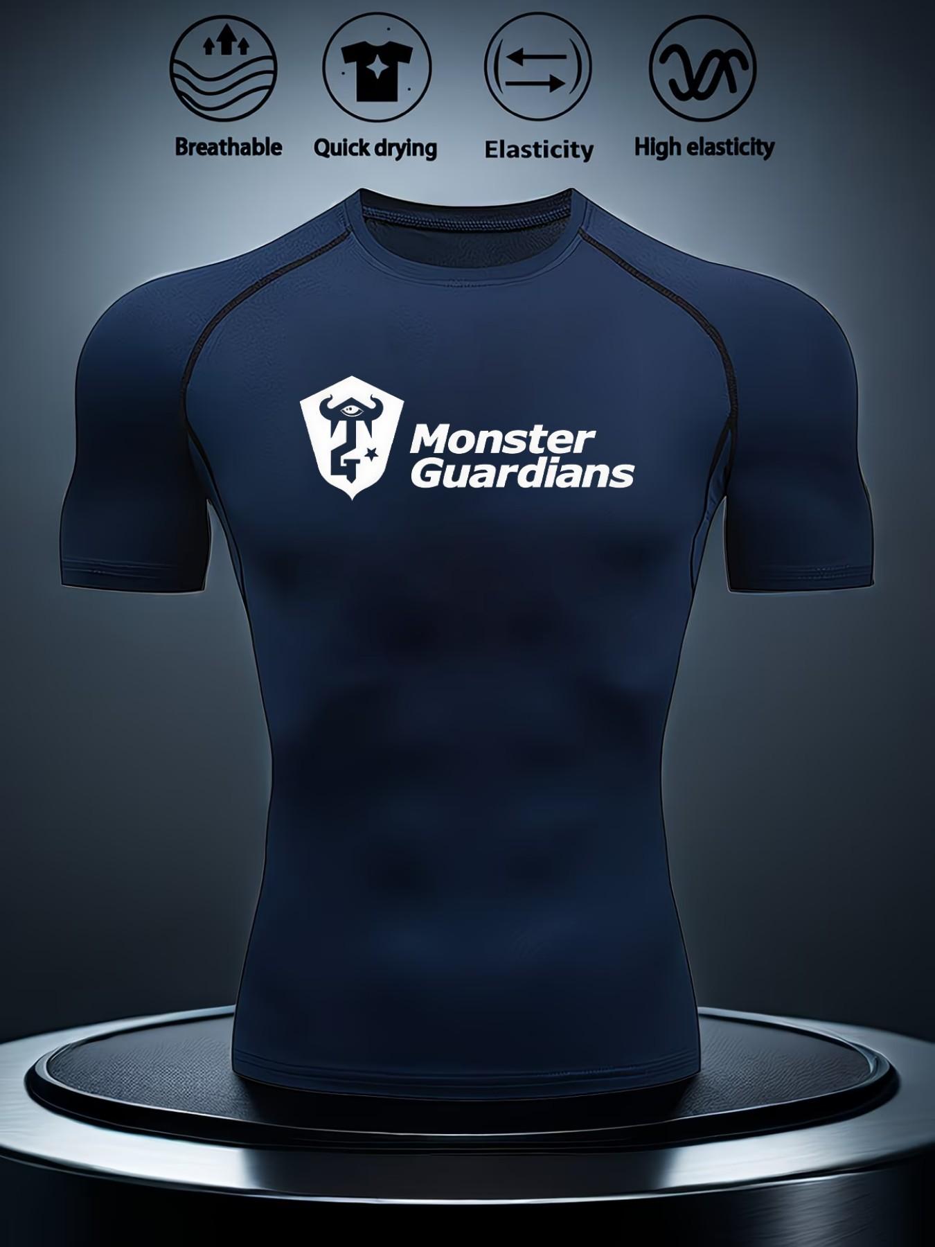 Men s Black Monster Guardians Logo Compression T-Shirt, Quick Dry Breathable Gym Workout & Sports Training Top S тёмно-синий