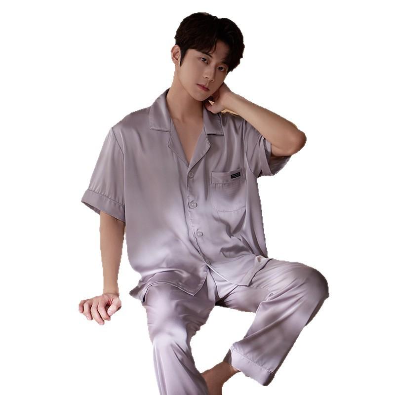 Pajamas men's satin ice silk summer short sleeves solid color simple high-end simulation silk men's loungewear set large size