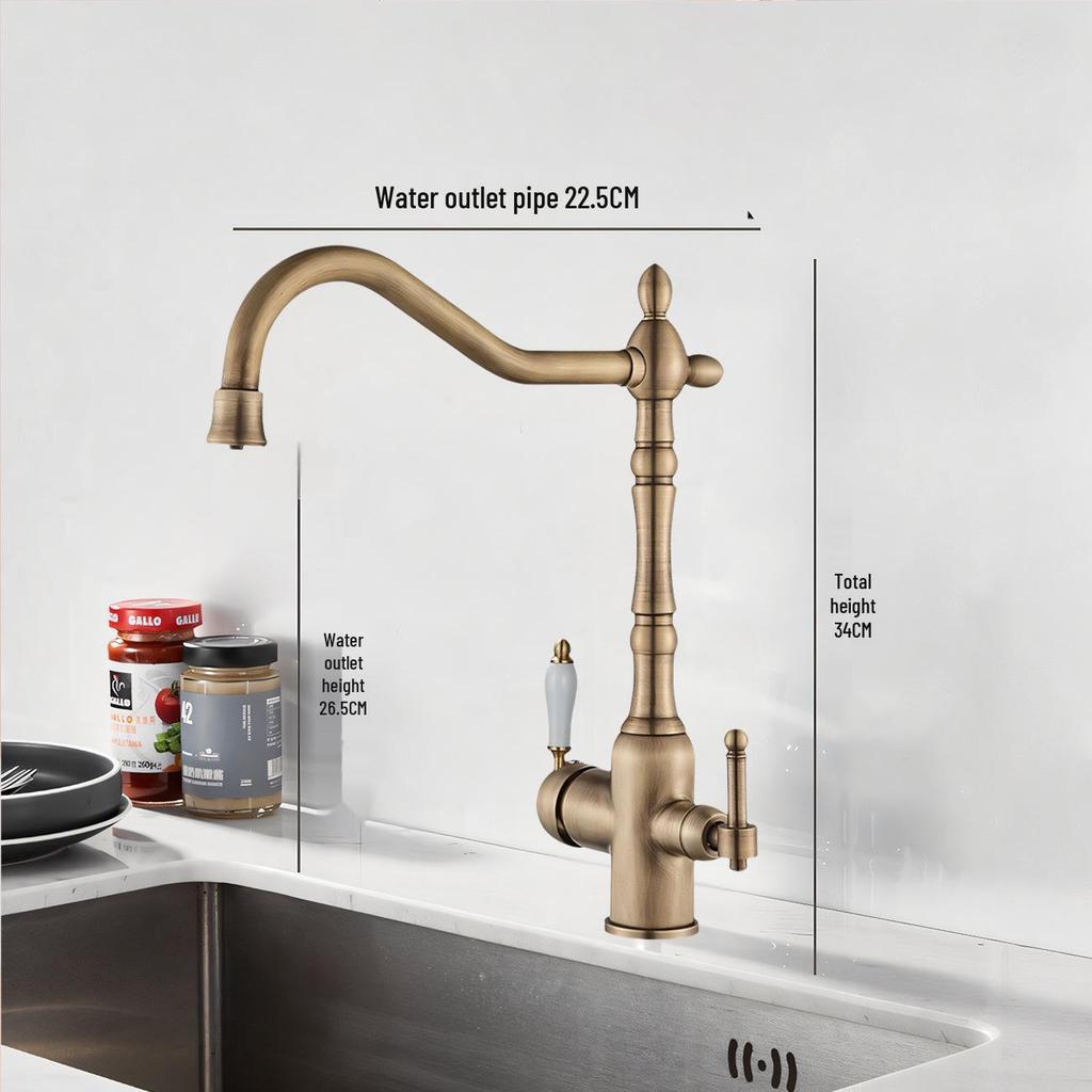 Antique Gold All-Copper 3-in-1 Kitchen Faucet: Hot/Cold Water for Sink & Vegetable Wash Basin, Splash-Proof Design