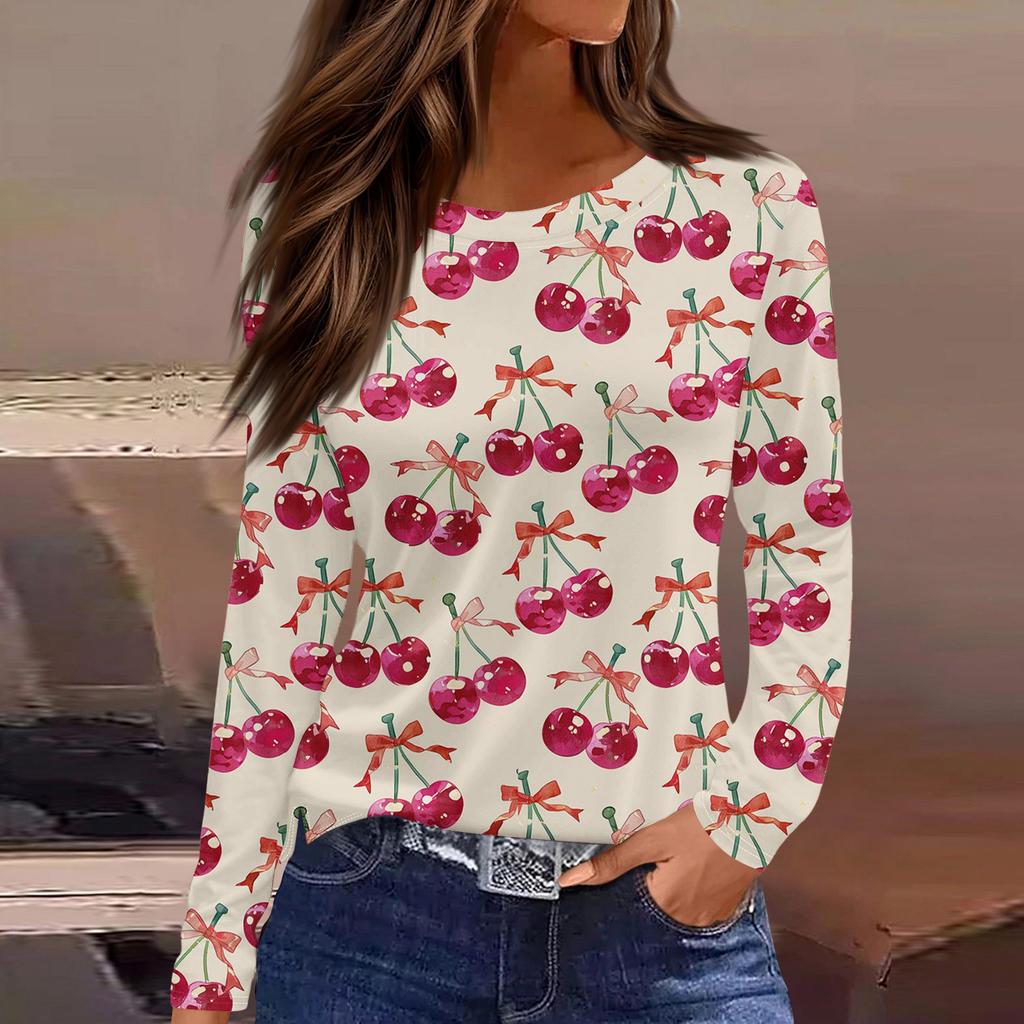Women's Fashion Casual Slit Hem Round Neck Long Sleeve Loose Printed T-Shirt Ladies Top