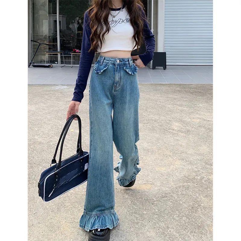 American Style High Waist Straight Leg Jeans with Playful Ruffles Trendy and Slim Fit