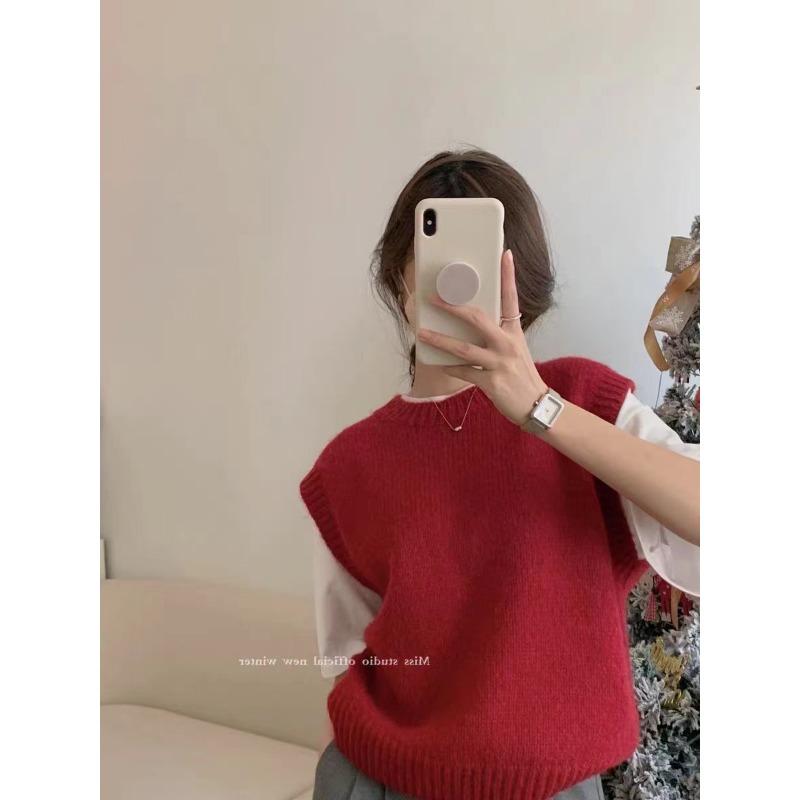 Podzimní pletená vesta s kulatým výstřihem v jednobarevné barvě Dámská vesta Podzim Zima