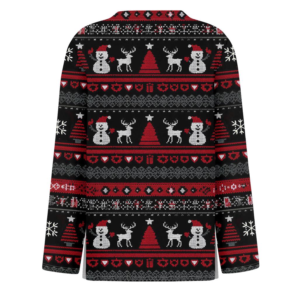 Women's Fashion Hem Slit Casual Christmas Printed Round Neck Long Sleeve Top