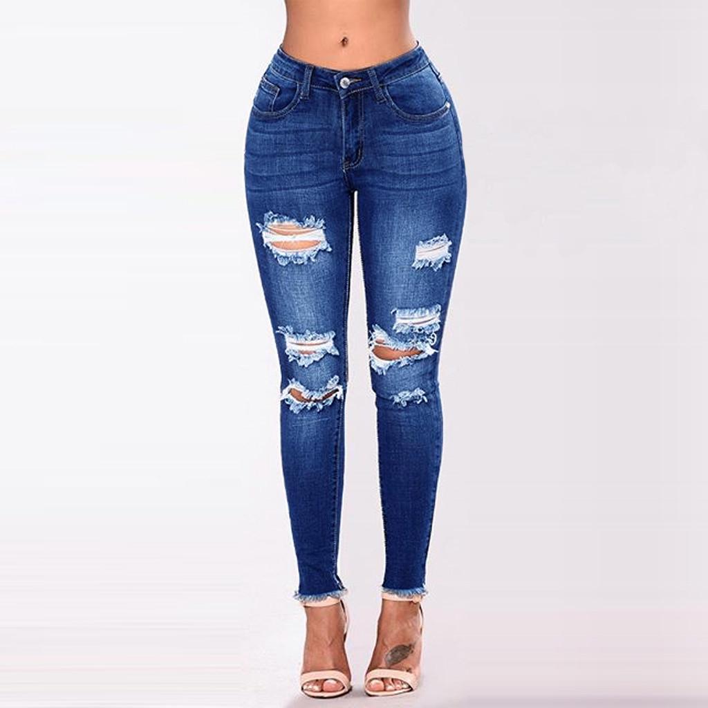 Fashion Womens Jeans Denim Hole Female Mid Waist Stretch Slim Sexy Pencil Pants