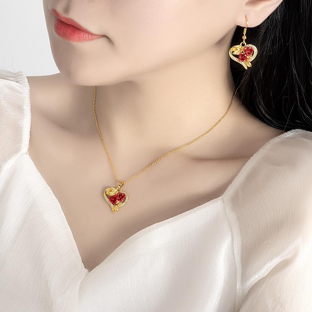 Love Rose Necklace Earrings Set, Vintage Flower And Leaf Jewelry.