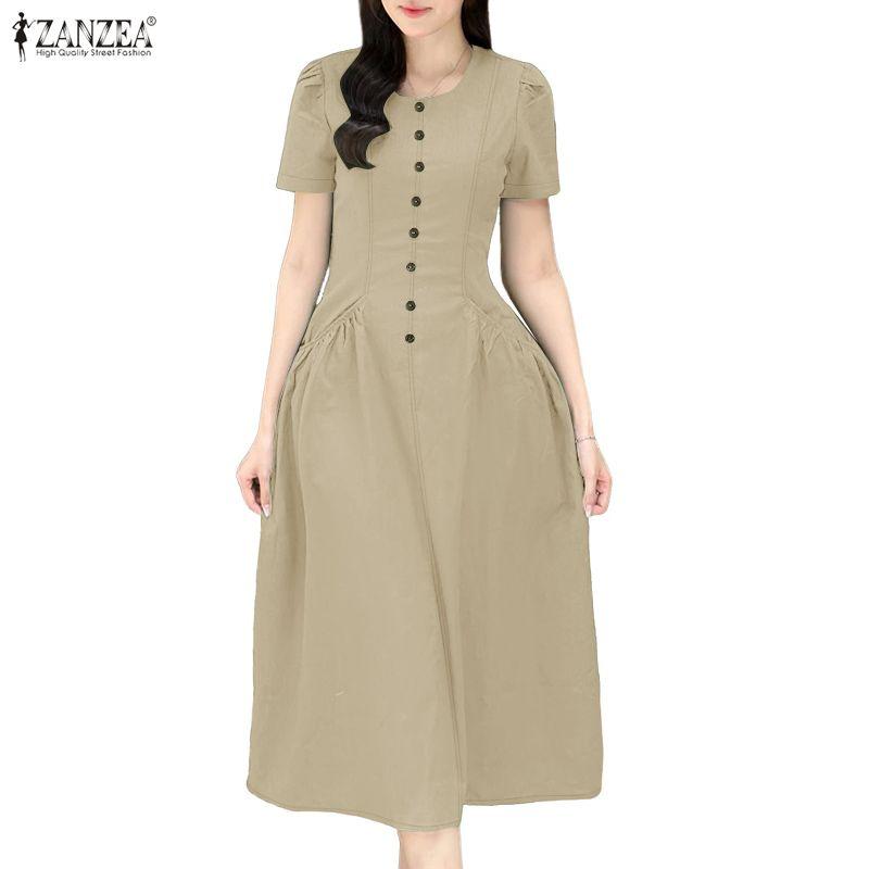 ZANZEA Γυναικείο φόρεμα με στρογγυλή λαιμόκοψη, καλοκαιρινό κοντομάνικο