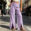 Women Casual Straight Leg Pants with Drawstring Waistband Side Slits Lightweight Loose Fit Trousers for Everyday Wear