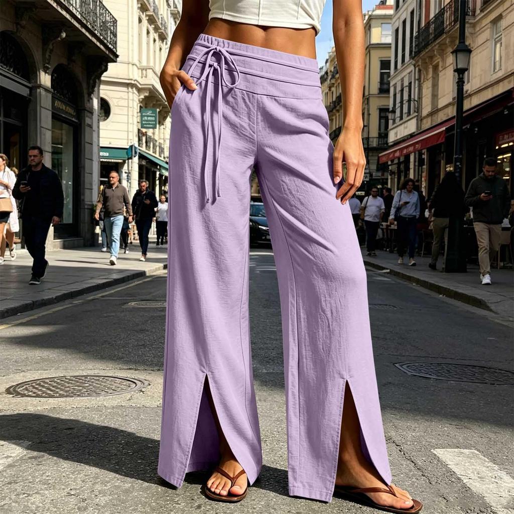 Women Casual Straight Leg Pants with Drawstring Waistband Side Slits Lightweight Loose Fit Trousers for Everyday Wear