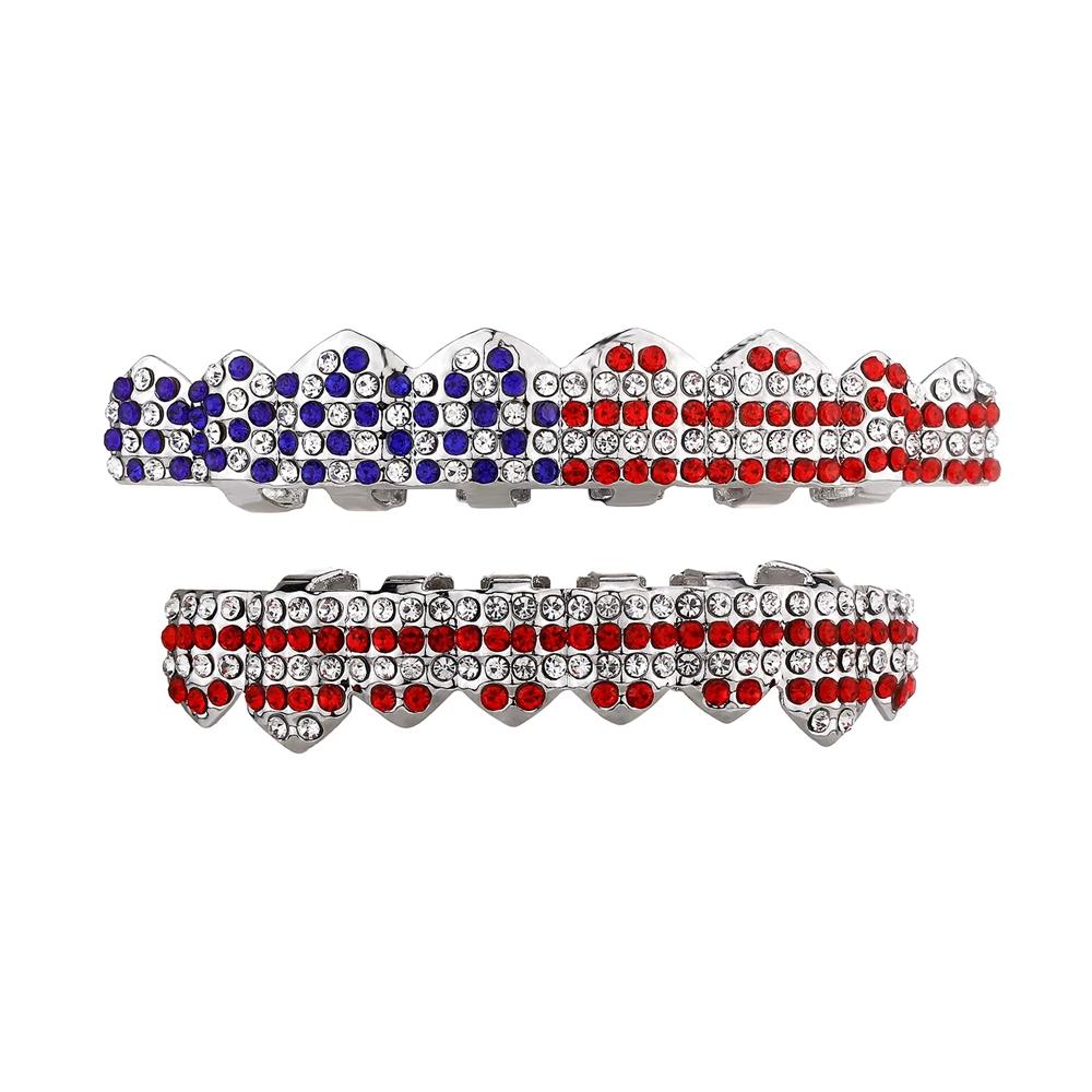 Hip Hop Style New 8 Teeth Grillz Trendy Iced Out 18K Gold Plated Grillz Red Blue Zircon Body Jewelry