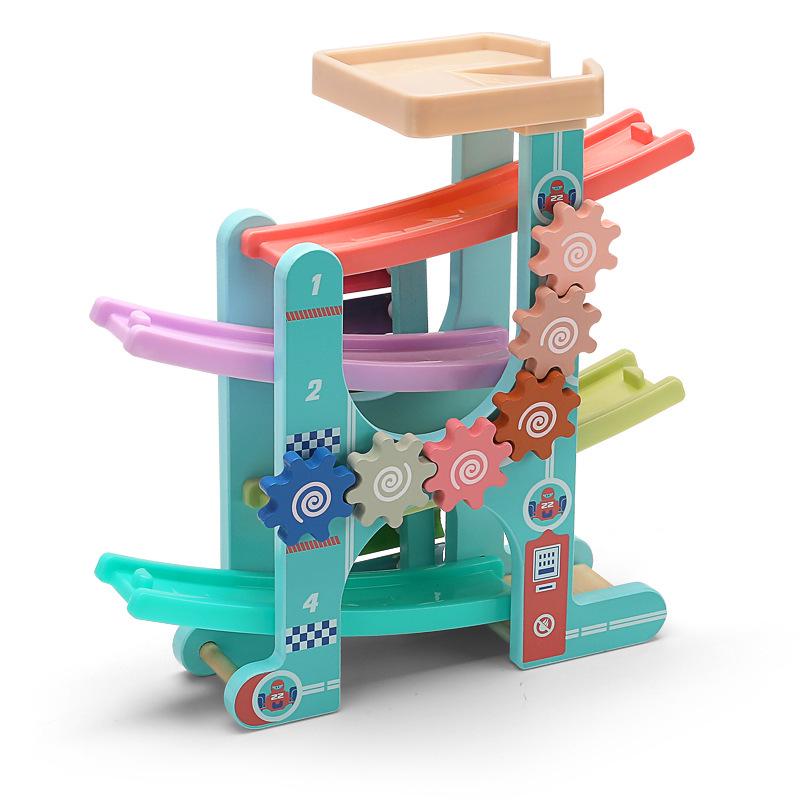 Children's Wooden Multi-Layer Racing Track Toy with Inertial Glider Cars