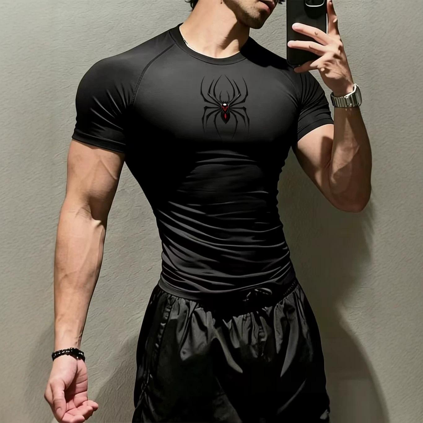Men s Tight-fitting Sports Short-sleeved T-shirt Elastic Quick-drying Fitness Clothing Summer Base Layer Shirt L чёрный