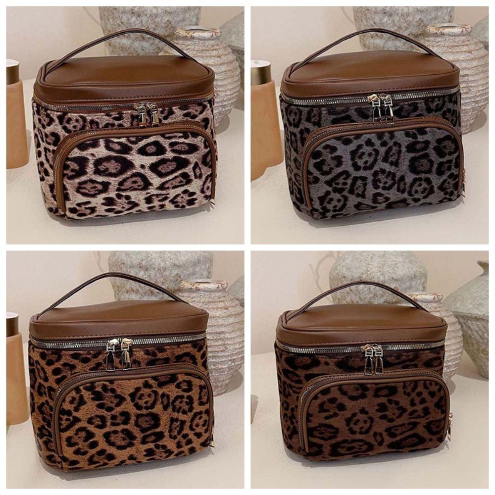 Large Capacity Leopard Print Cosmetic Bag Leather Pouch for Make Up Kit  Bathroom