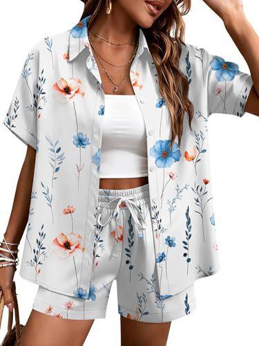 Plant-printed short-sleeved shirt, elastic waist shorts, two-piece set, vacation style casual suit, women's