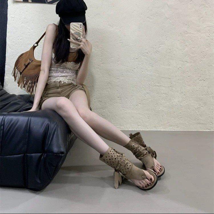 Hollow Out Women Mid Calf Sandals Boots Suede Clip Toe Thick Heel Gladiator Short Boots Retro Summer Daily Wear Beach Shoes