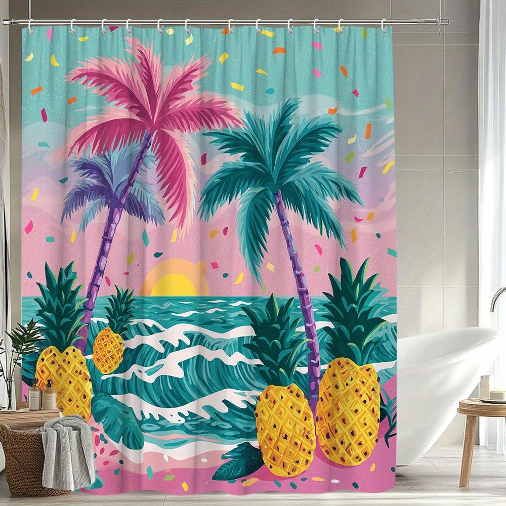 1Pc Tropical Landscape Shower Curtain Beach Scenery Banana Tree Pineapple Brilliant Colors Bathroom Decoration Polyester Fabric