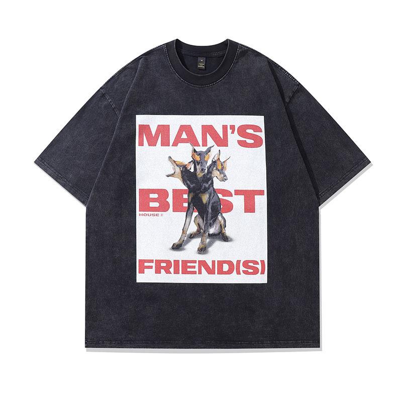 T-shirt a manica corta lavata effetto invecchiato con stampa Doberman, Direct Spray, High Street, Brand Trendy Retro Americano, Maglietta a mezza manica da uomo e da donna