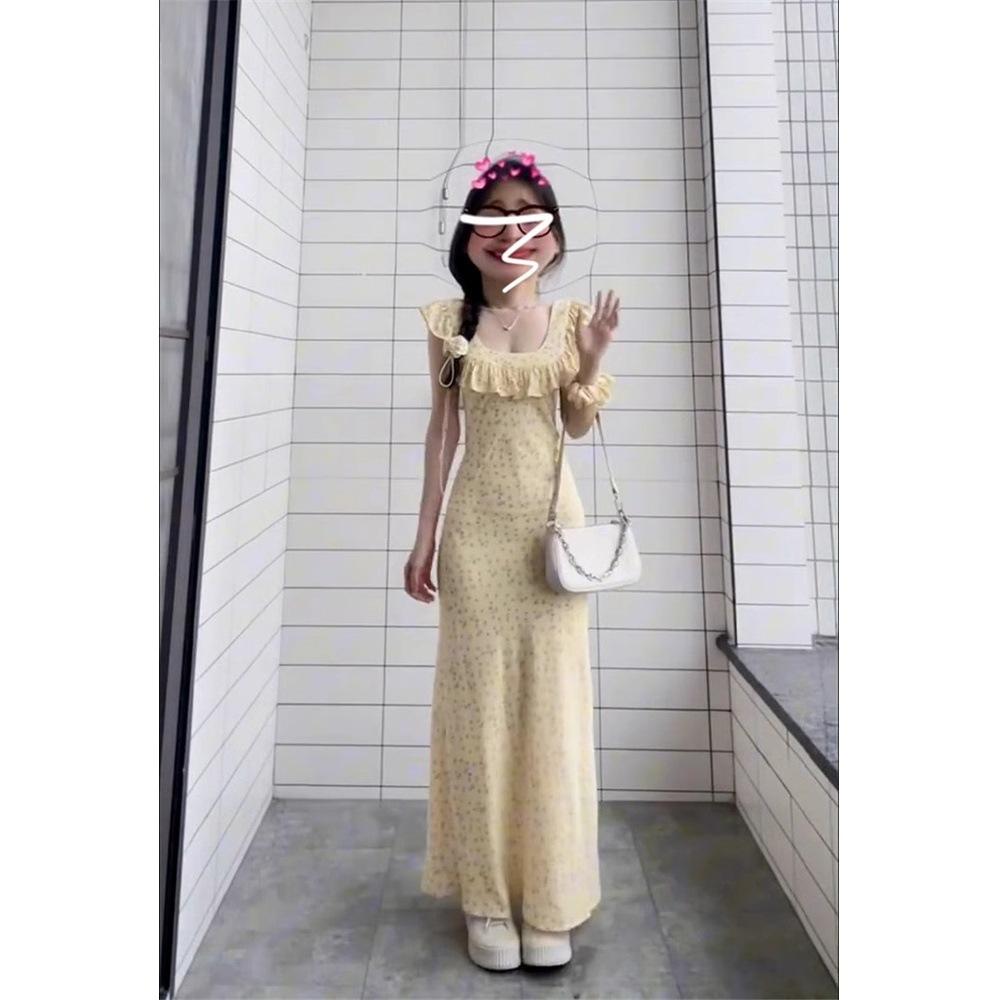 

Retro dress women s summer new sweet and gentle wind floral square collar ruffle edge temperament waist dress XL