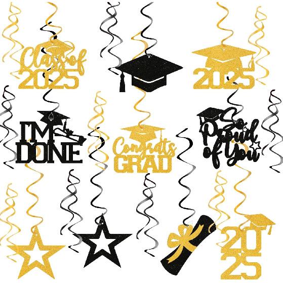 20Pcs Gold Black Graduation Hanging Swirl Decor, Class of 2025 Hanging Decorations, I’m Done, Congrats Grad, 2025 Happy Graduation Party