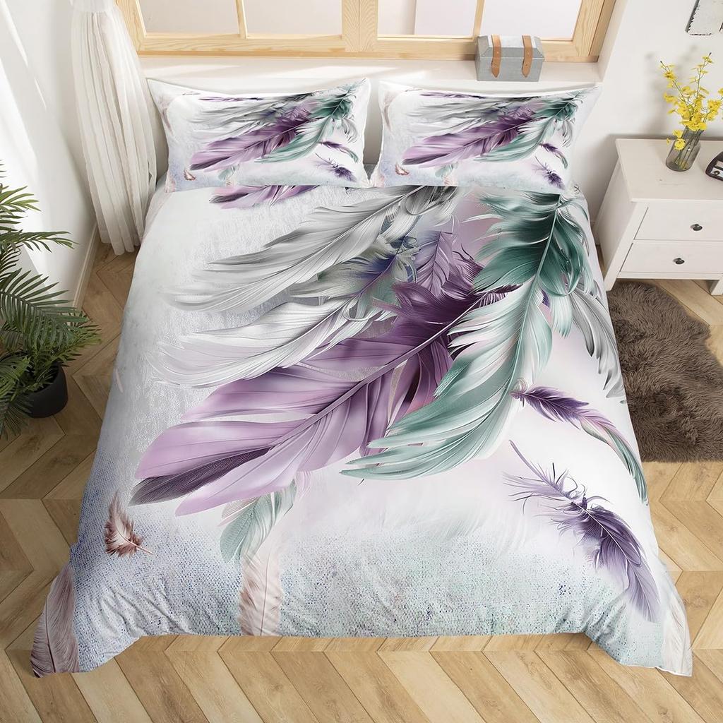 Peacock Feather Print Duvet Cover Set Queen Twin Bird Feathers Element Bedding Set Wild Animals Comforter Cover for Girls Teens