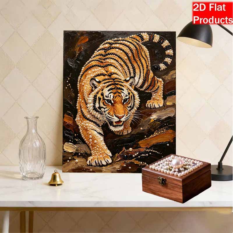 DIY Pearl Tiger Pattern 5D Rhinestone Art Kit for Adults Round Half Pearls Wall Decoration Handmade Craft Gift Frameless