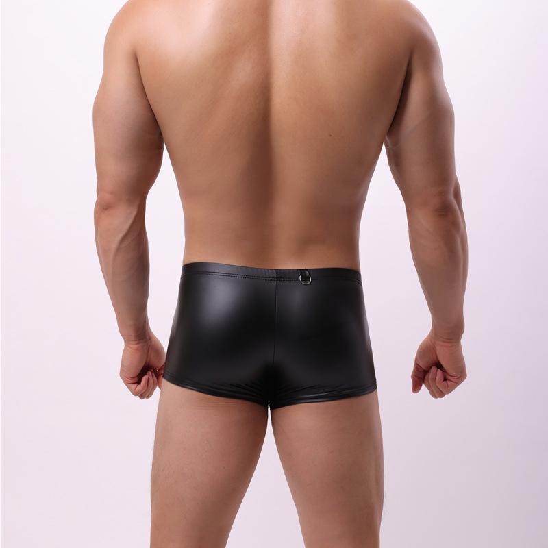 Mens Sexy Underwear Black Faux Leather Boxers Shorts Nightclub Ring Lingerie Man Panties U Convex Pouch Underpants