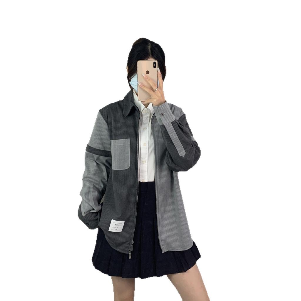 New TB women's shirt spring and autumn high-end casual versatile left and right color matching lapel zipper shirt jacket
