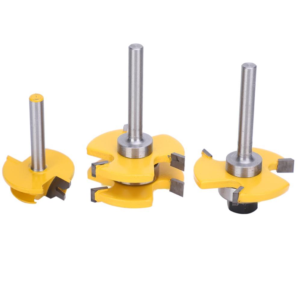 3pcs 45 Degree Angle Lock Miter Router Bit 3 Teeth T-Shape Tongue and Groove Set For Cabinets