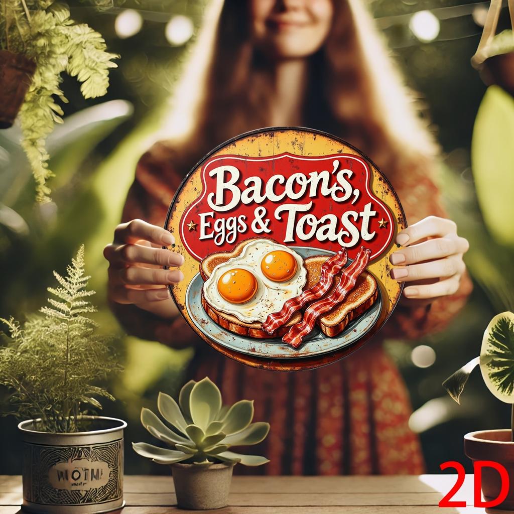 Vintage Bacon Eggs and Toast Design Round Aluminum Wall Decor for Cafes Restaurants and Bars