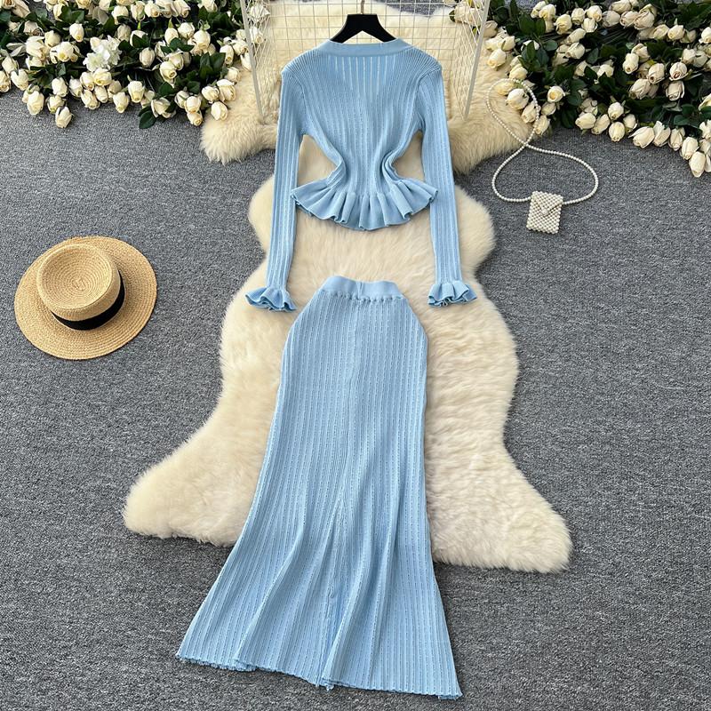 Dvoudílný business set dámské outfity tunika s dlouhým rukávem zkrácený kardigan sukně s vysokým pasem bodycon rybí ocas oblek módní pletený svetrový oblek