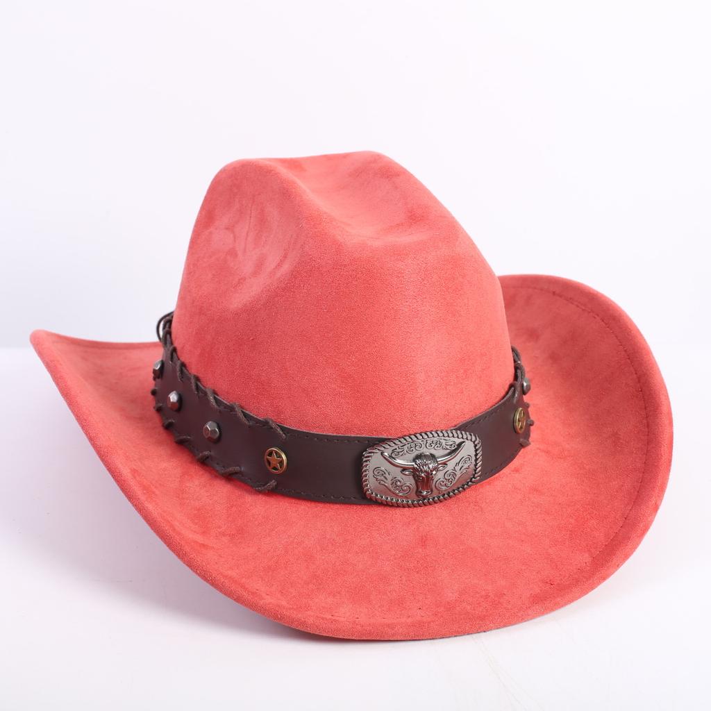 New western cowboy hat men's and women's wide-brimmed top hat bull head rivet belt buckle sun hat