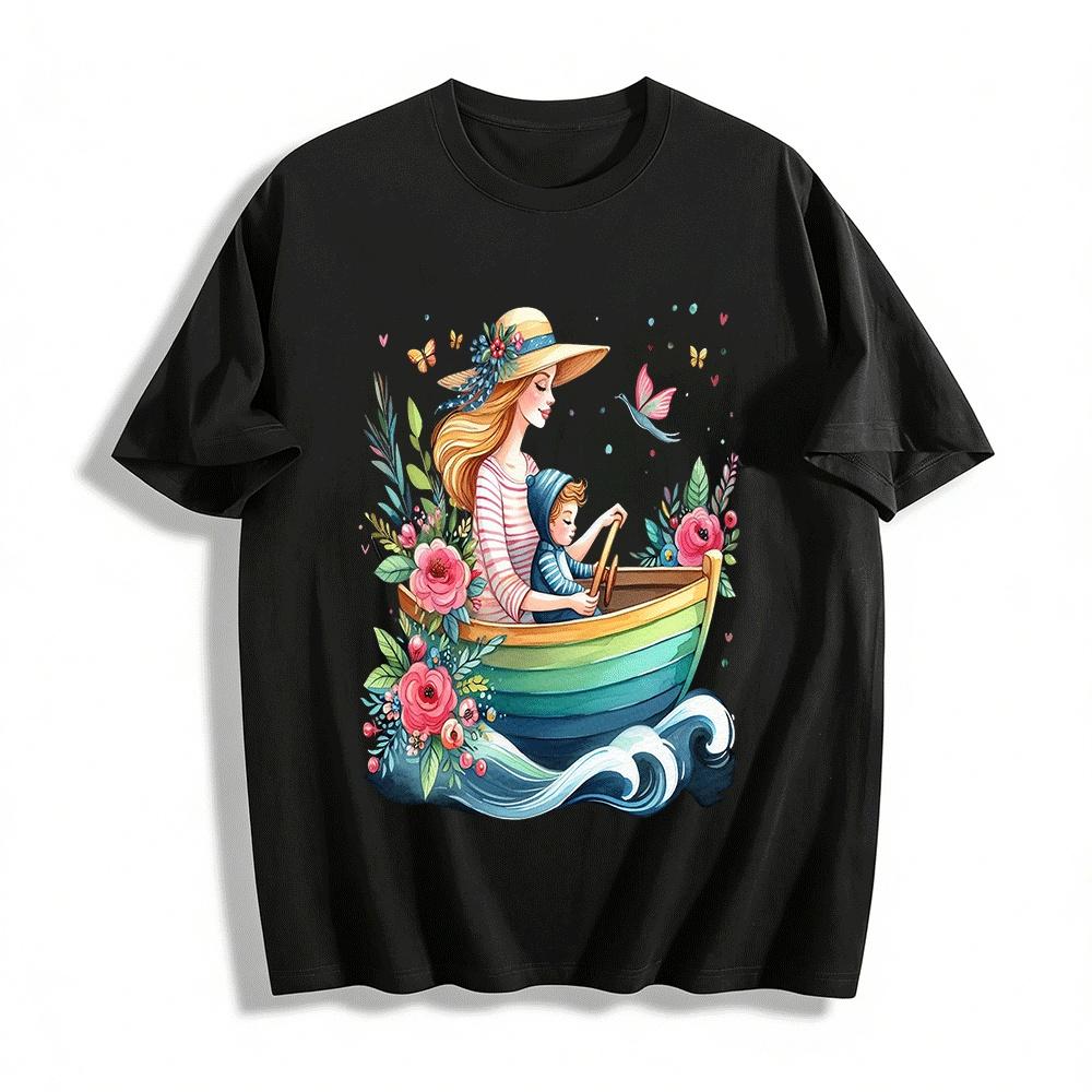Gentle Mother Child Rowing Print Casual Tee Warm Love Companion Top Pure cotton T-shirt XXS