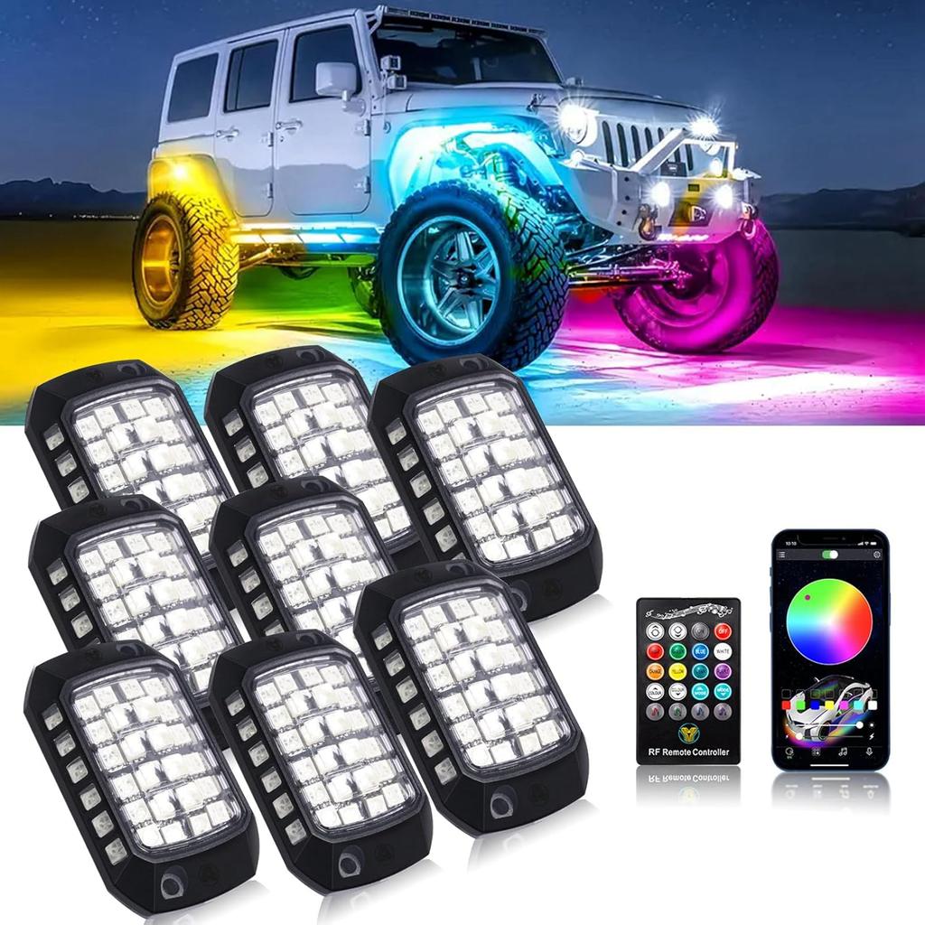 RGB Rock Lights, 8 Pods 36 LEDs SMD Chips Super Bright App Control Underglow Neon Light Exterior Chassis Wheel Well Glow Kit For Off Road Cars Trucks