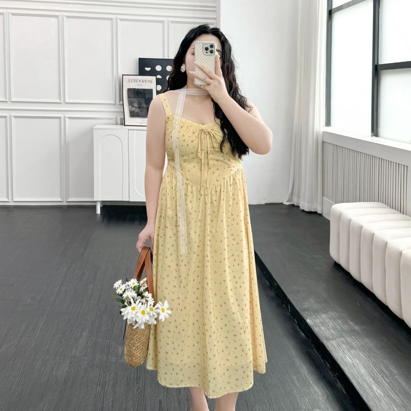 

Plus size women clothing [Alice Garden] New Chinese Style Floral Suspender Skirt Vacation Travel Summer Long dress Yellow Bottom Floral-Slip Skirt 5XL
