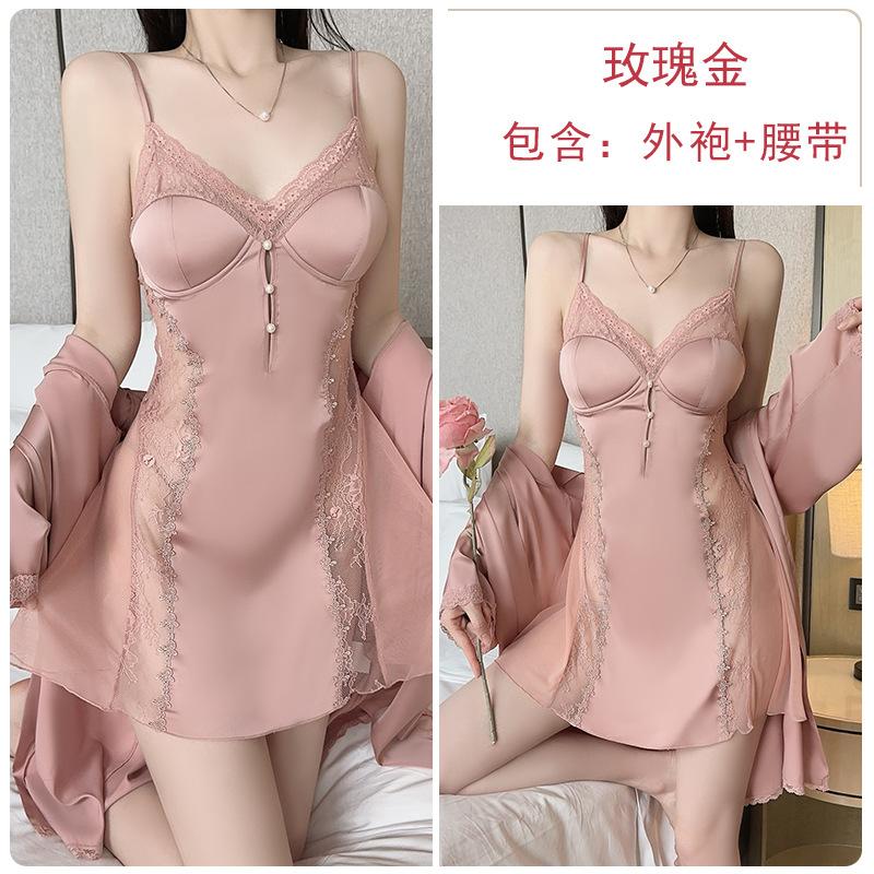 Women's Plus Size Satin Lace Trim Padded Cami Dress with Robe Lounge Set